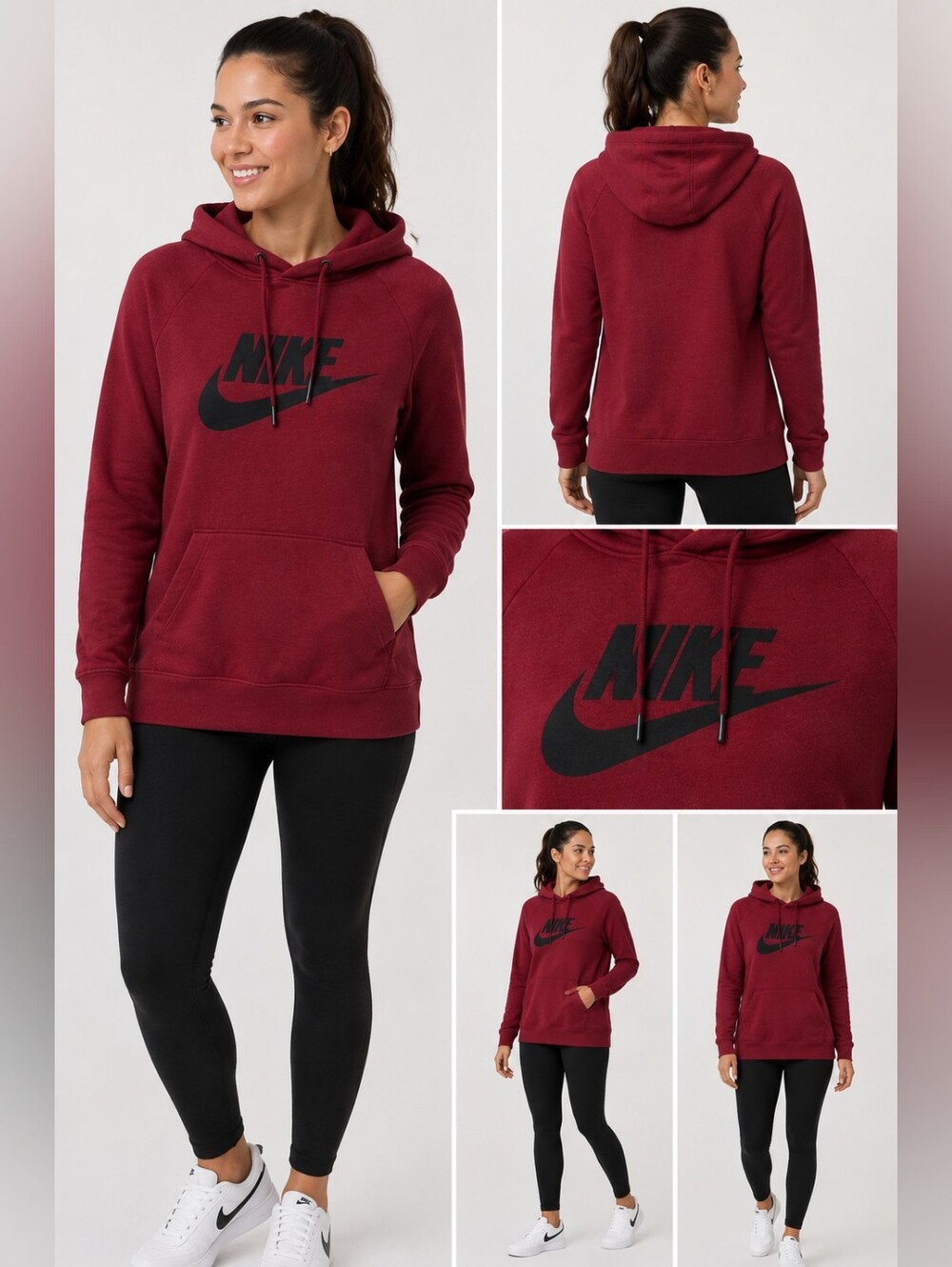 Womans Nike Sportswear Club Fleece Pullover Hoodie Burgundy Red Black Logo
